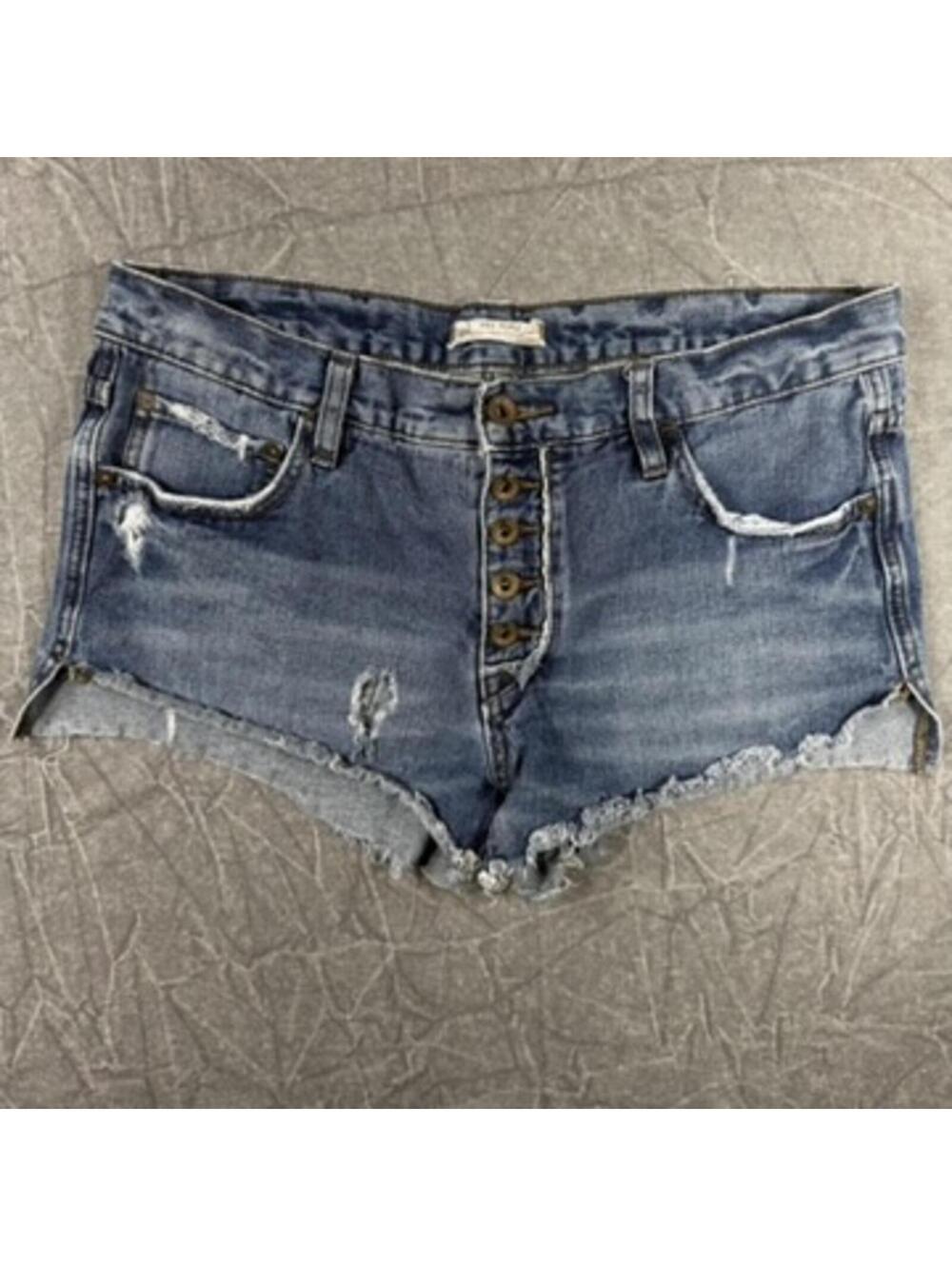 Free People Shorts Women's 28 Blue Distressed Button Fly